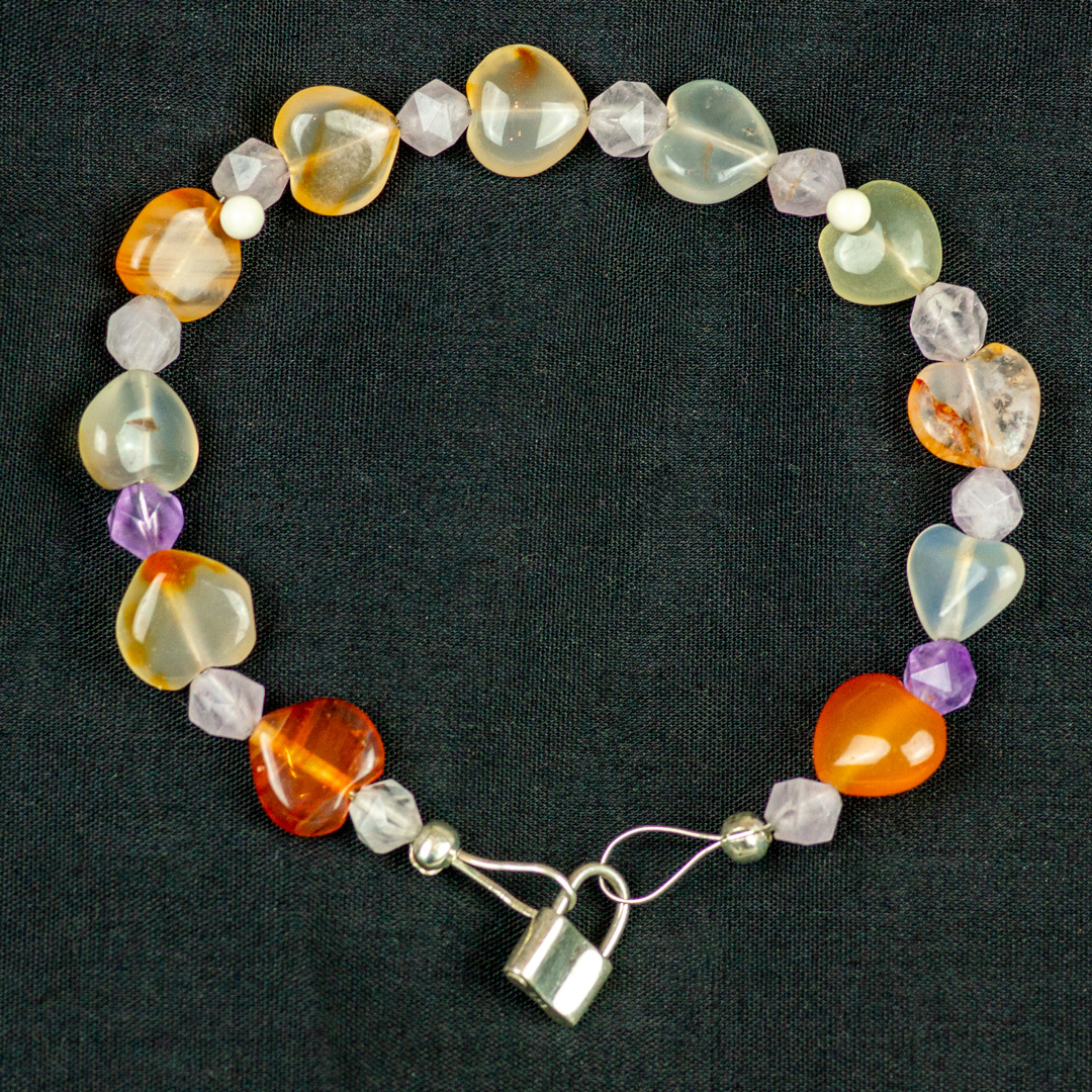 Amethyst with Jasper Hearts Beaded Bracelet with Sliver Lock Clasp