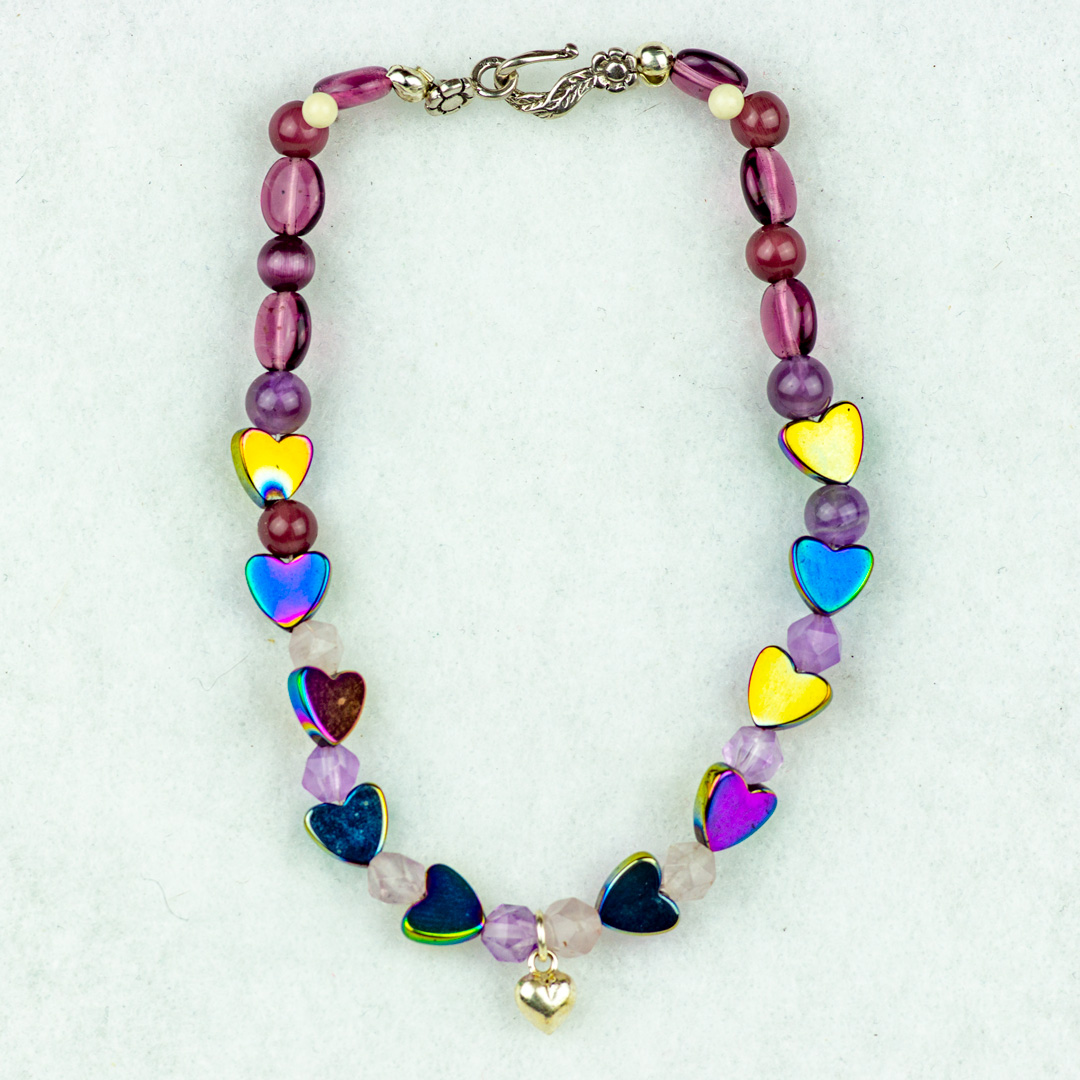 Purple Cats Eye, Hematite and Amethyst Beaded Bracelet with Silver Heart Charm