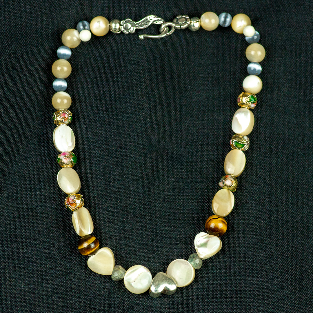 24k Gold Painted Porcelain, Pearl, Tigers Eye, Cats Eye and Black Opal Beaded Bracelet with Silver Heart Bead