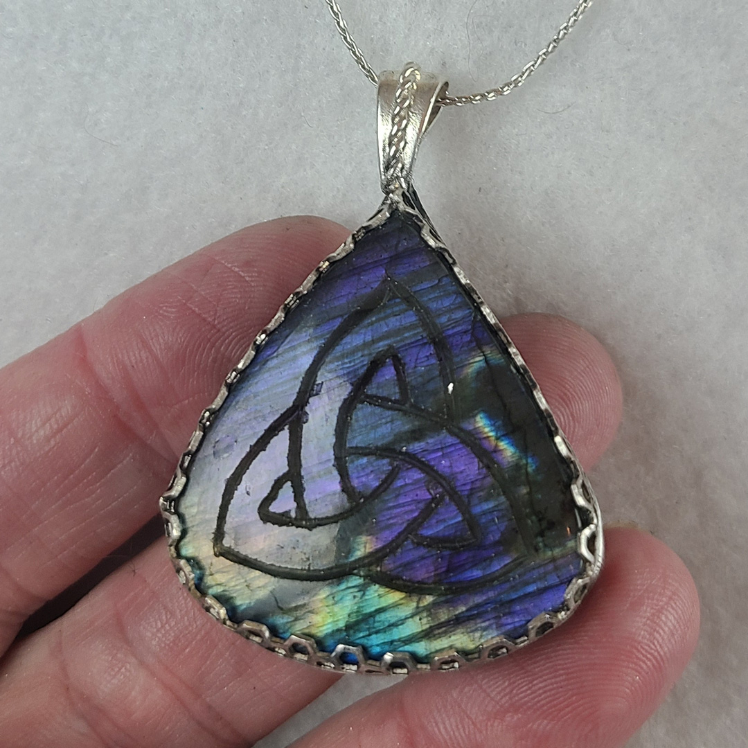 Purple Labradorite Pendant with Celtic Knot Work carved into the front
